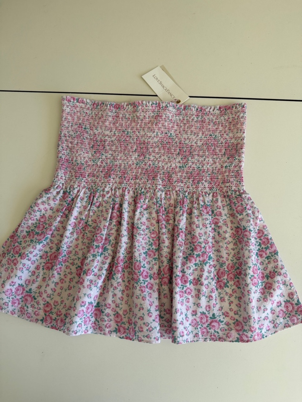 LoveShackFancy Pink and White Floral Smocked Mini Skirt L